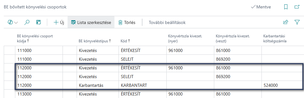 BE bővített könyvelési csoportok