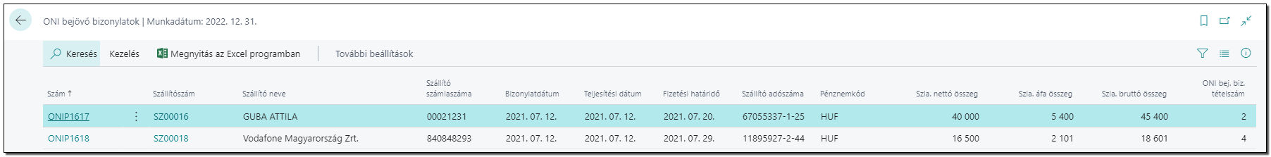 Bizonylat tételek
