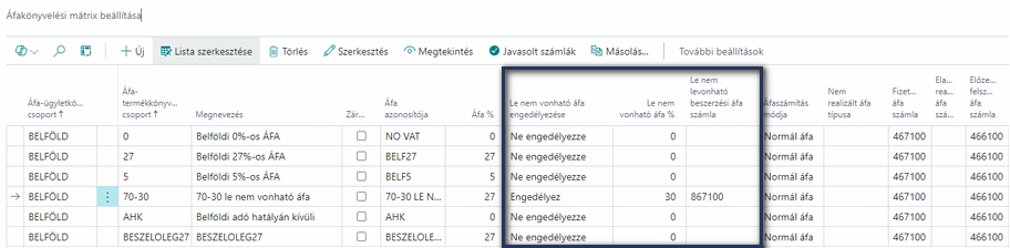 Áfakönyvelési mátrix beállítása