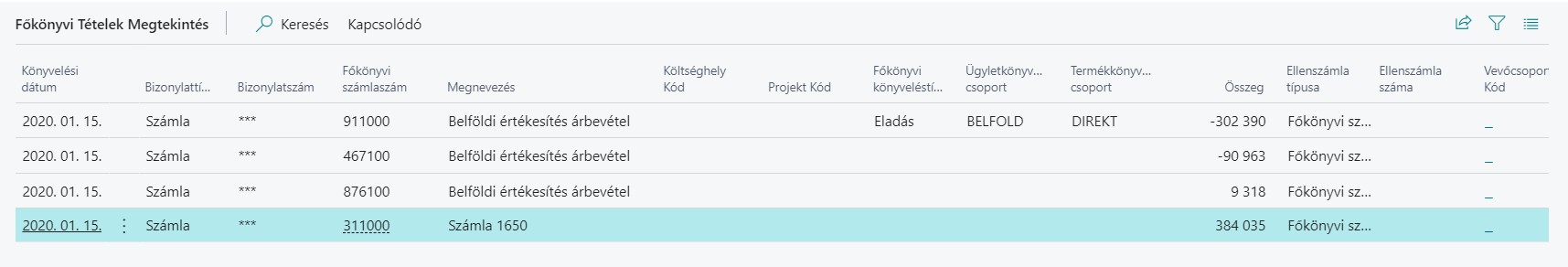 Főkönyvi tételek megtekintés