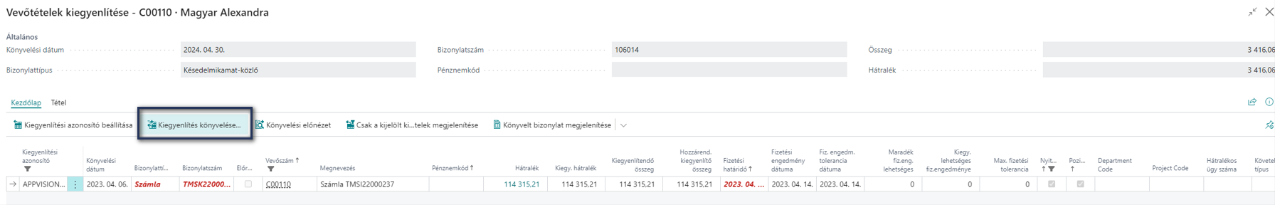Vevőtételek kiegyenlítése