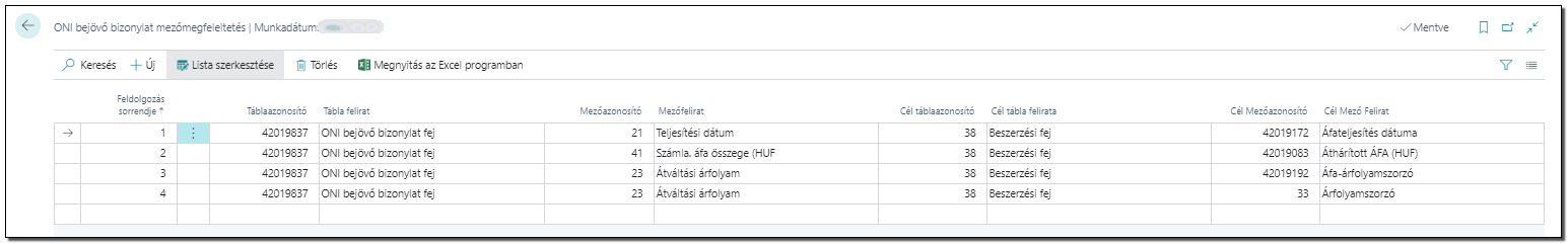 Bejövő bizonylat beállítás