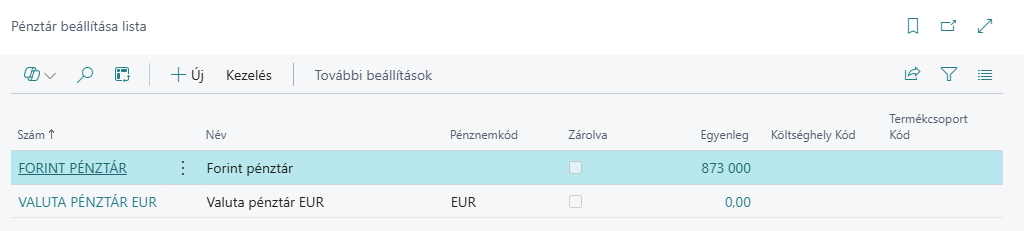 Pénztár beállítás lista