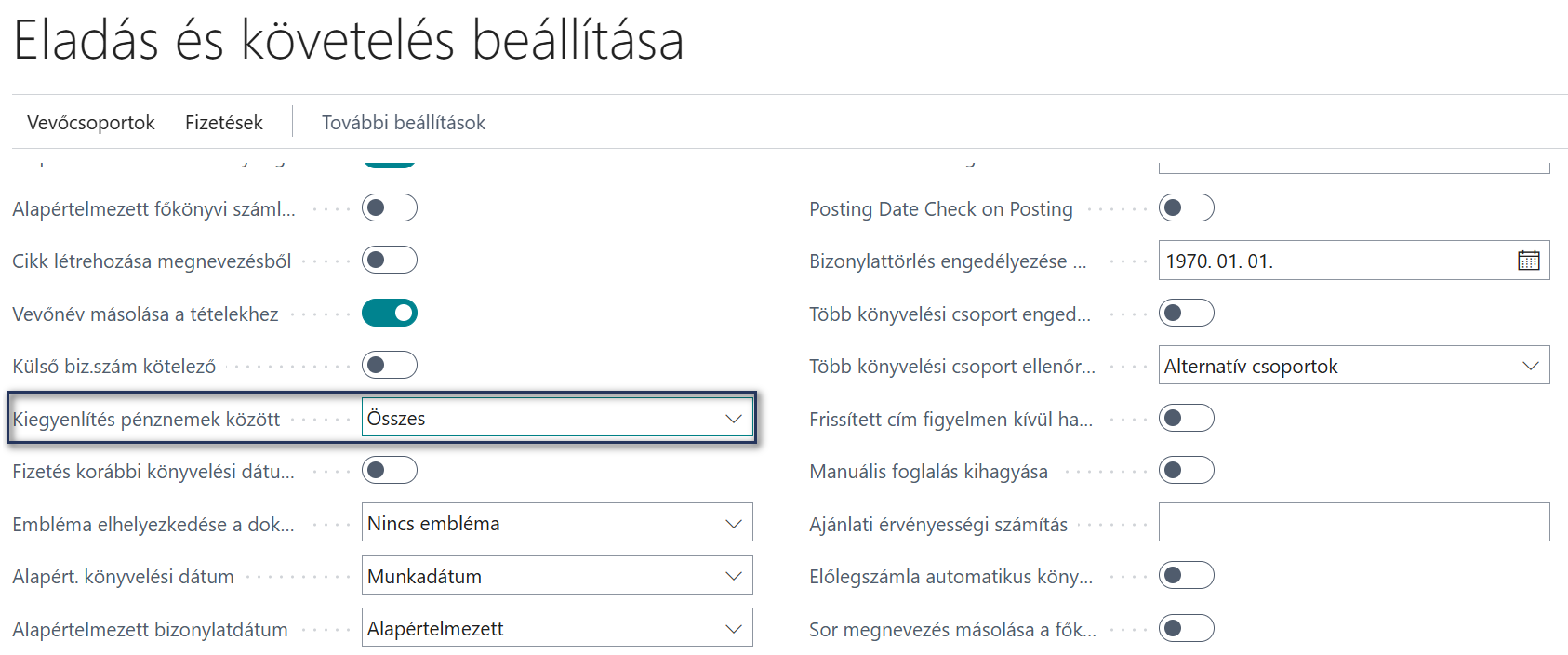 Eladás és követelés beállítása
