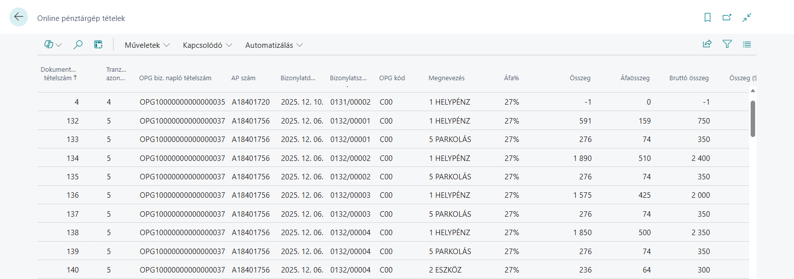Pénztárgép tételek lekérdezése