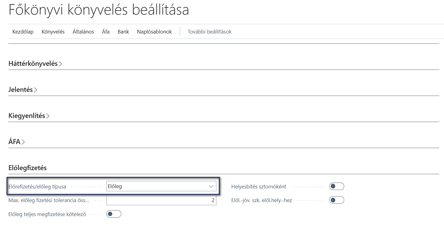 Főkönyvi könyvelés beállítása