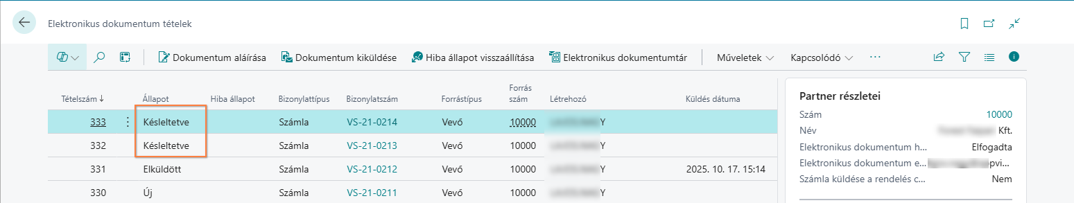 Késleltetve állapotú elektronikus dokumentum tételek