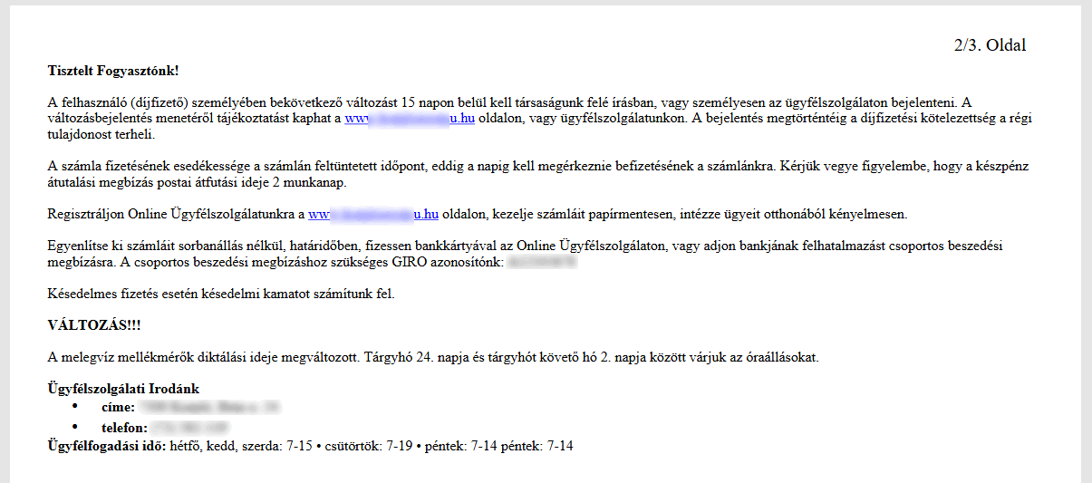 Egységes számla második oldala