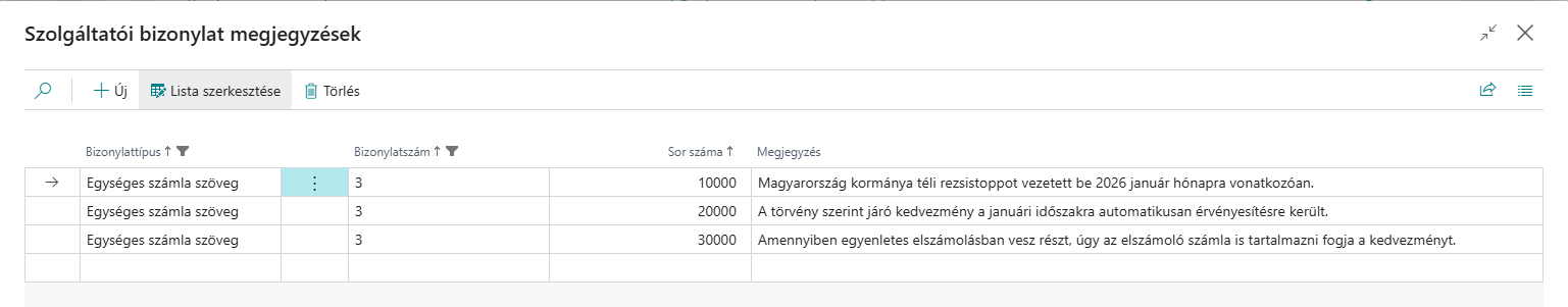 Egységes számla megjegyzések