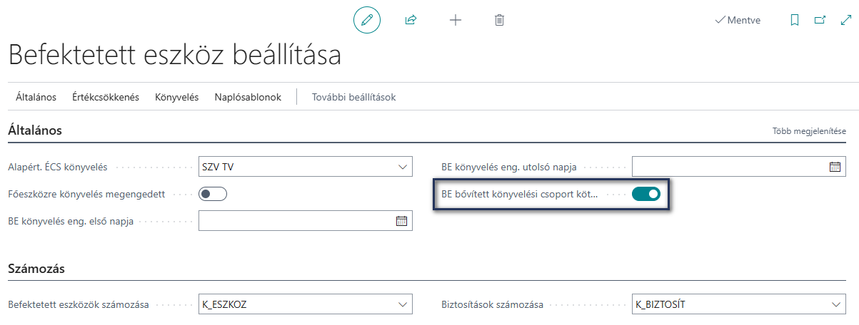 Befektetett eszköz beállítása