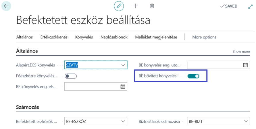 Befektetett eszköz beállítása