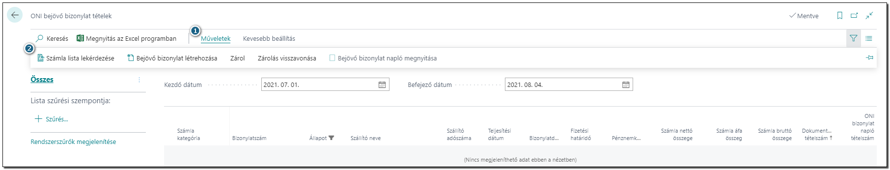 Bejövő bizonylat tételek