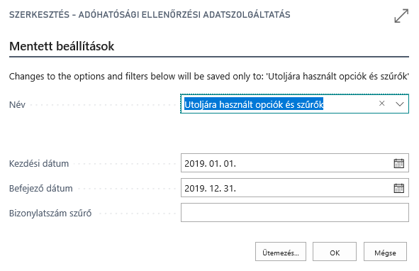 Adóhatósági ellenőrzési adatszolgáltatás - szerkesztés