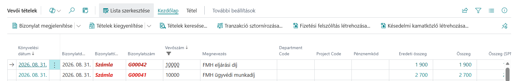 Vevői tételek