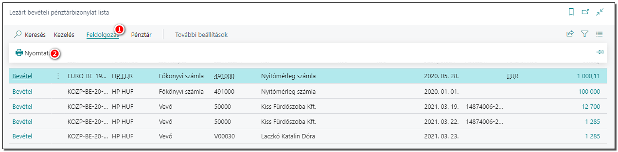 Lezárt bevételi pénztár bizonylat