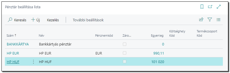 Pénztár beállítás lista