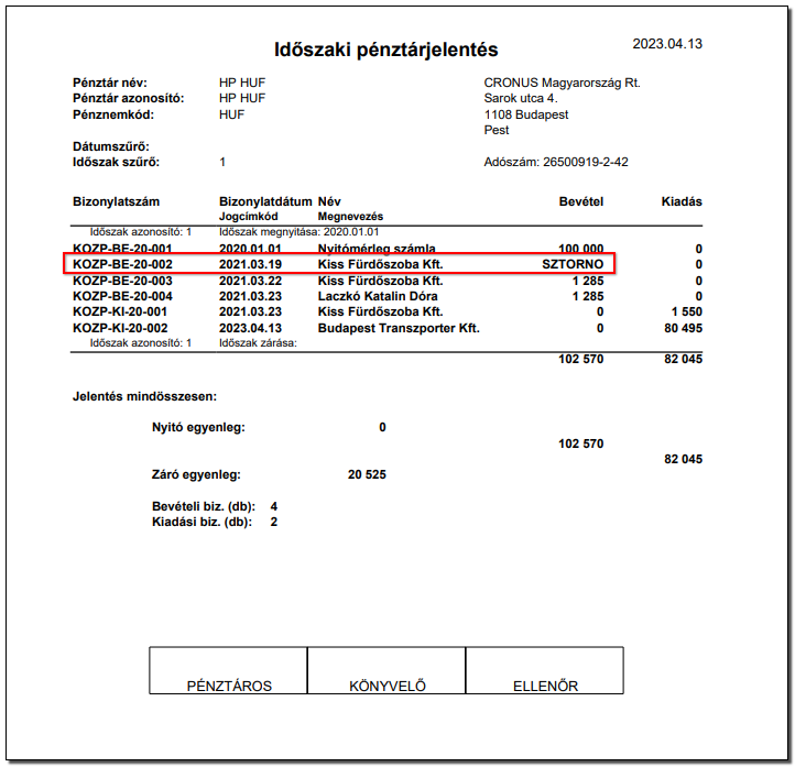 Időszaki pénztárjelentés sztornó