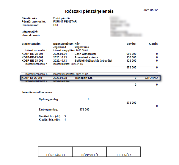 Időszaki pénztárjelentés sztornó