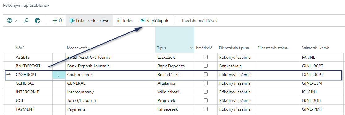 Főkönyvi naplósablonok oldal