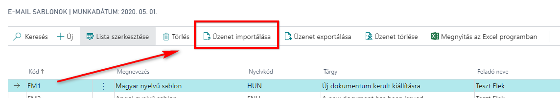 Üzenet importálása