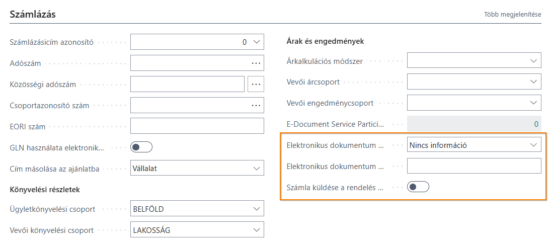 Vevő beállításai